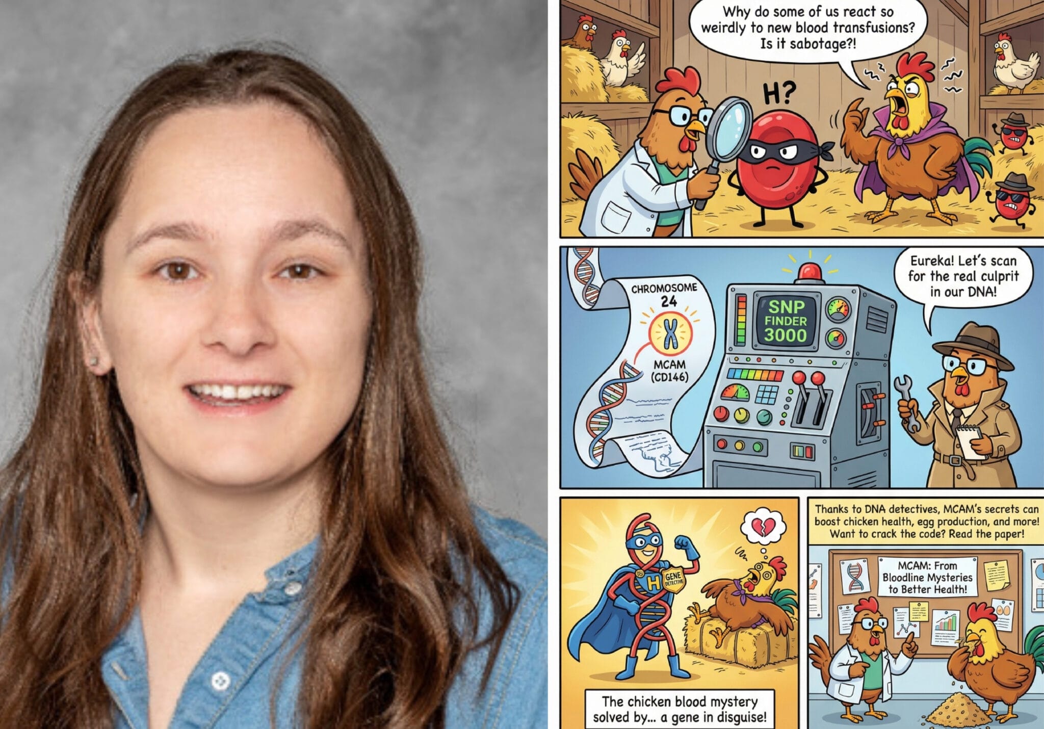 WesternU CVM research staff member Brandi Sparling is shown beside a comic strip featuring chickens, a superhero, and a machine explaining a genetic discovery related to blood transfusions.
